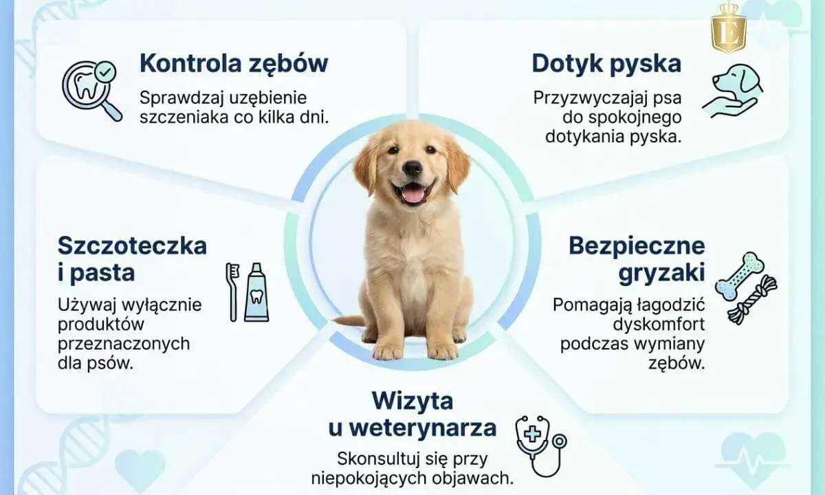Szczeniak z uśmiechem, gdy psu wypadają zęby stałe. Porady: kontrola zębów, dotyk pyska, szczoteczka i pasta, bezpieczne gryzaki, wizyta u weterynarza.