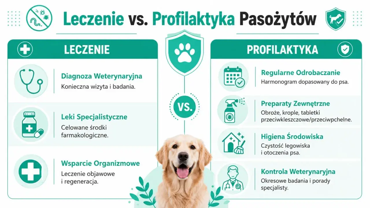 Leczenie vs. profilaktyka pasożytów u psa. Kluczowe jest regularne odrobaczanie, higiena i kontrola weterynaryjna.
