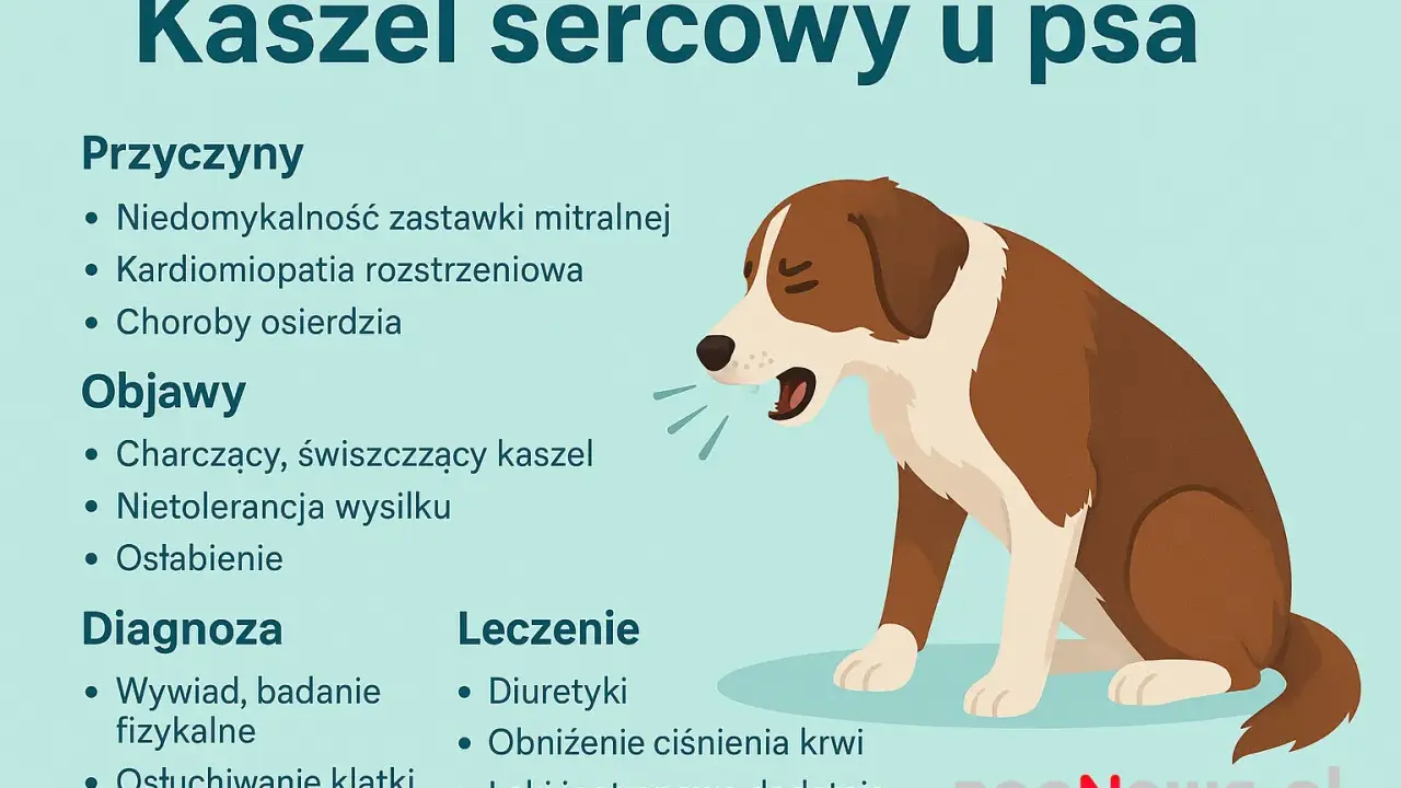 Ilustracja przedstawia psa z objawami kaszlu sercowego: charczący kaszel, nietolerancja wysiłku.