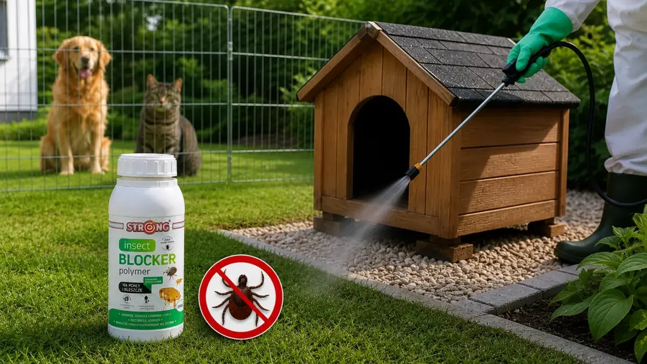 Skuteczne domowe sposoby na kleszcze u psa: oprysk budy i trawnika preparatem Insect Blocker. Pies i kot obserwują z bezpiecznej odległości.