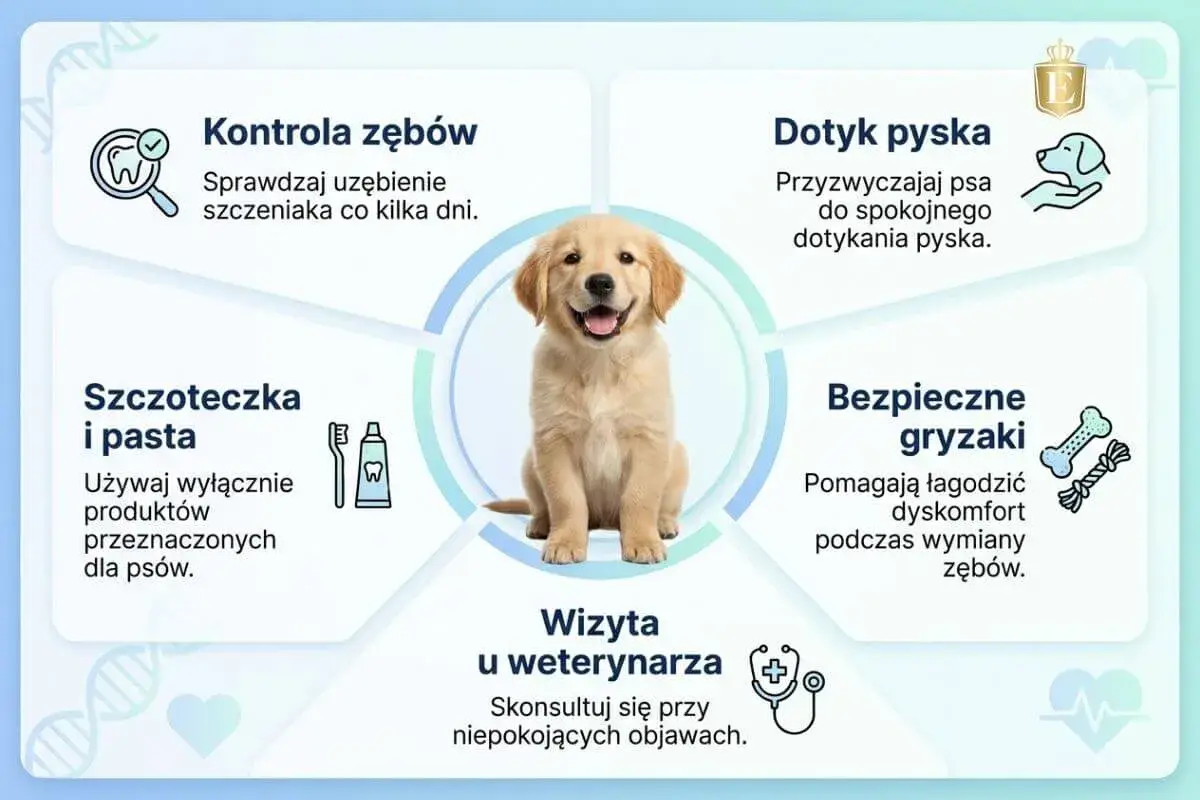 Szczeniak z uśmiechem, gdy psu wypadają zęby stałe. Porady: kontrola zębów, dotyk pyska, szczoteczka i pasta, bezpieczne gryzaki, wizyta u weterynarza.