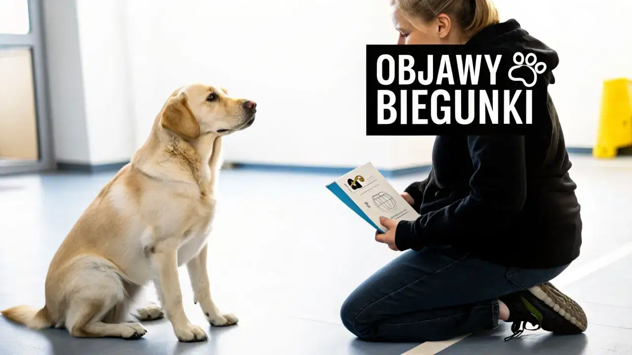 Labrador z zaciekawieniem patrzy na broszurę o objawach biegunki u psa, sugerującą potrzebę leczenia.