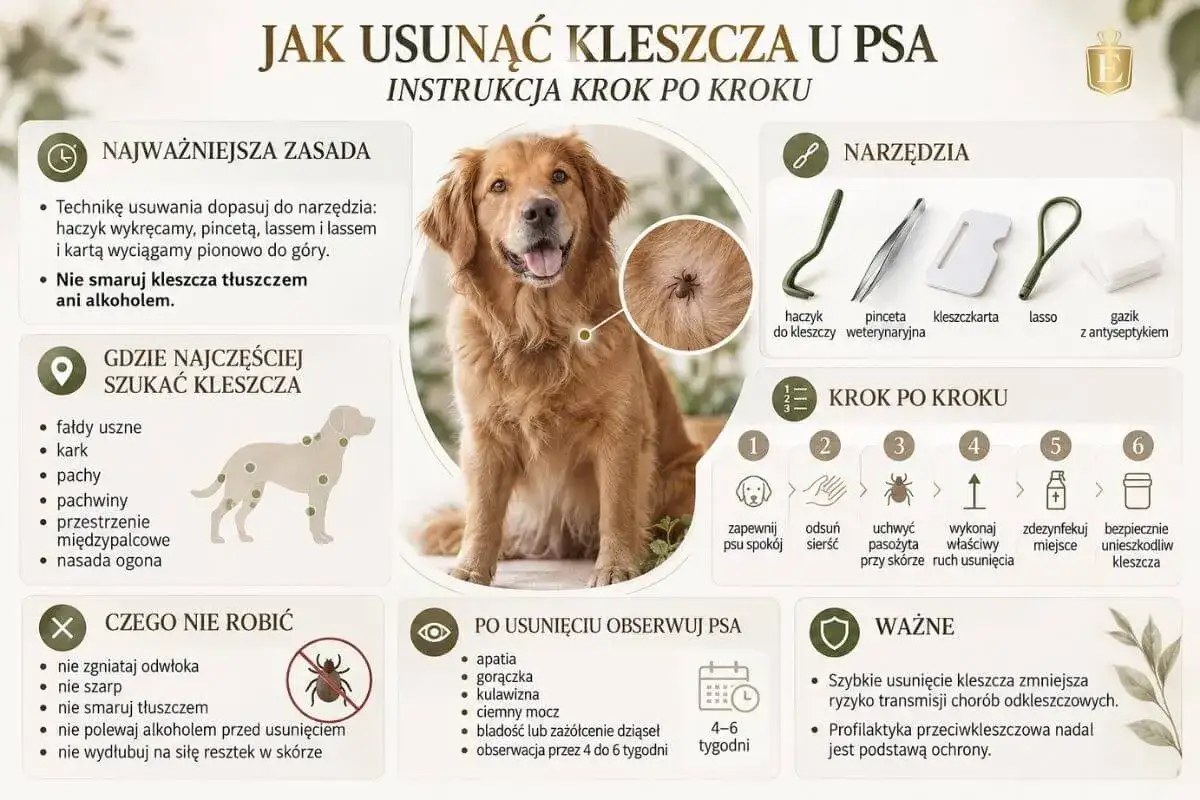 Instrukcja usuwania kleszcza u psa: pokazano narzędzia, miejsca występowania i kroki. Zdjęcie przedstawia psa z widocznym kleszczem.