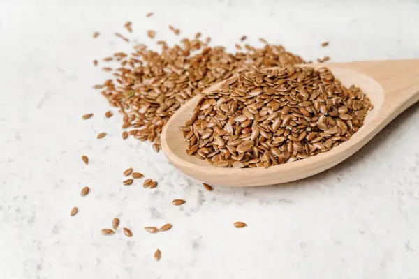 Łyżka pełna siemienia lnianego, idealnego dla zdrowia psa. Te małe nasionka to bogactwo kwasów omega-3.